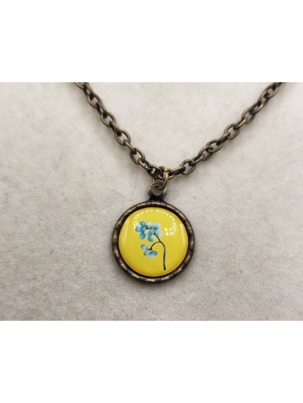 Brass Pendant Necklace With Yellow & Blue Floral Design 168" Chain